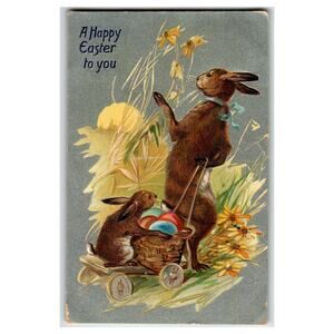 Raphael Tuck Easter Postcard 1909 Rabbits Pushing Egg Cart Saxony